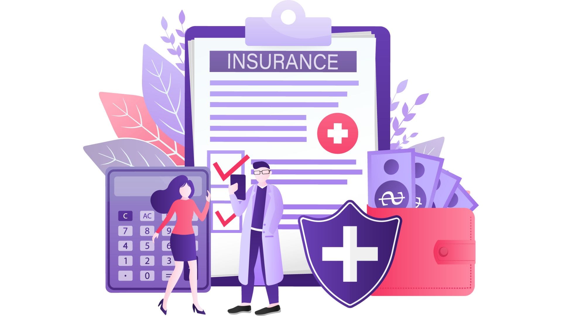 Illustration of health insurance planning with a policy, advisor, calculator, and medical shield